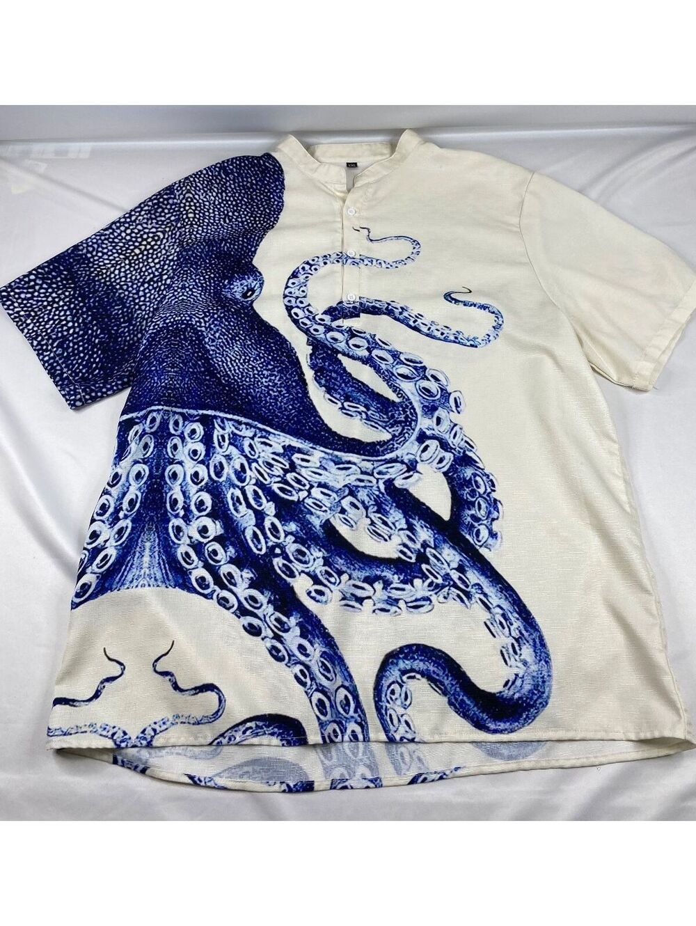 White and blue octopus print short sleeve button front shirt